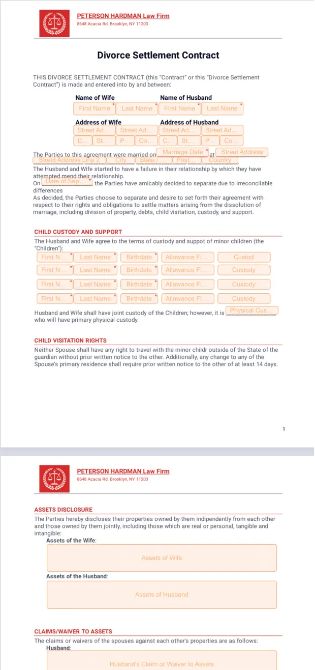 Divorce Settlement Contract Template
