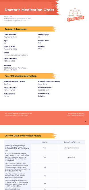 Doctor's Medication Order Template for Campers - PDF Templates