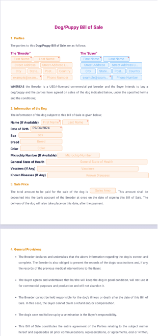 Dog Puppy Bill of Sale - PDF Templates
