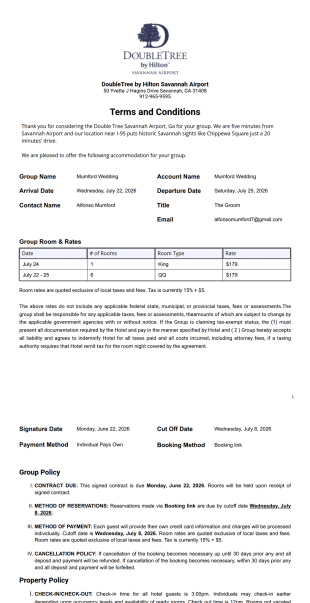 DoubleTree Savannah Airport Rooms Agreement PDF Template