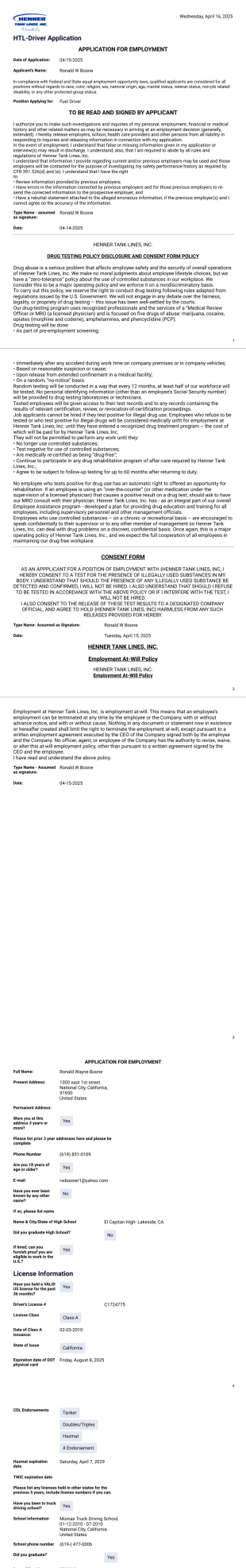 Driver Application-Henner Tank Lines - PDF Templates