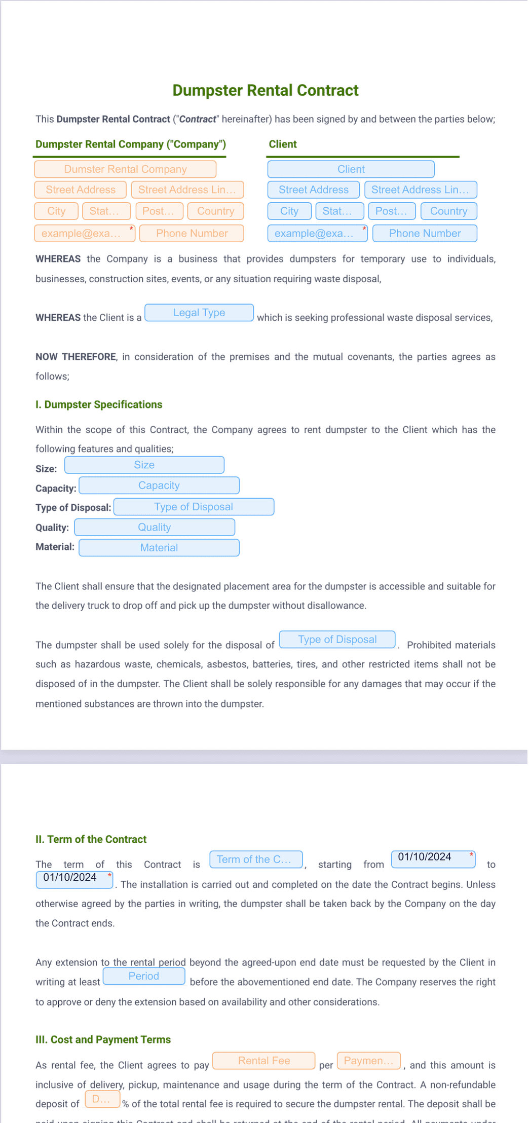 Dumpster Rental Contract PDF Template | Jotform