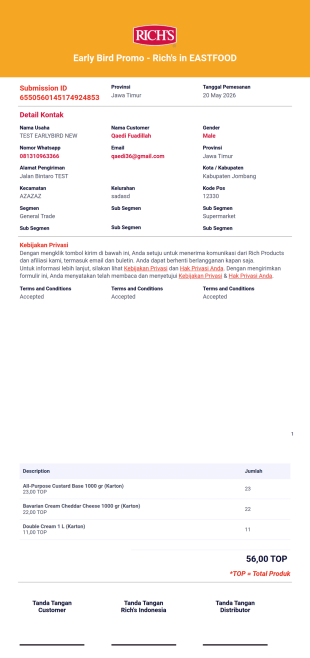 EARLY BIRD PROMO - Rich's Purchase Order Document in EASTFOOD (F2) Template PDF