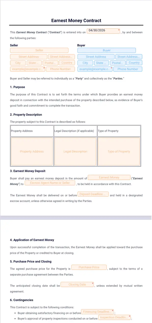 Earnest Money Contract Template