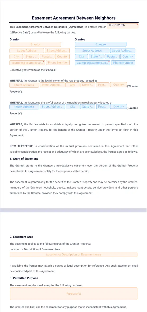 Easement Agreement Between Neighbors Template