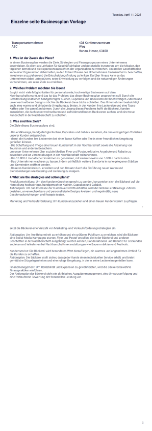 Einzelne seite Businessplan Vorlage - PDF-Vorlagen