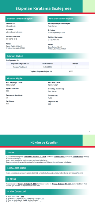 Ekipman Kiralama Sözleşmesi Şablonu - PDF Templates