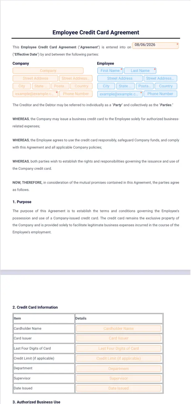 Employee Credit Card Agreement Template