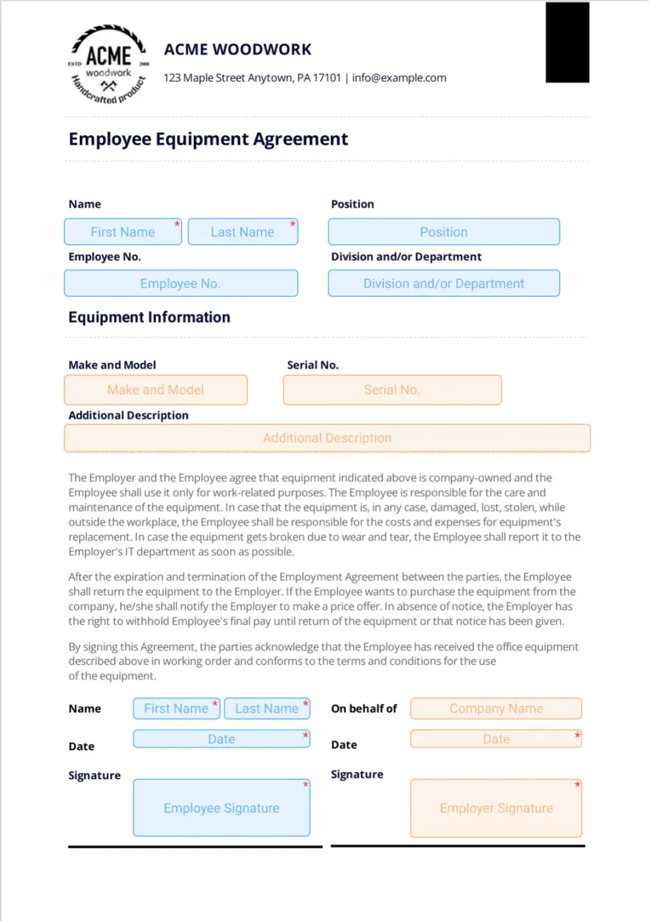 Employee Equipment Agreement Sign Templates Jotform