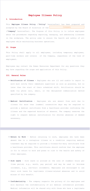 Employee Illness Policy Template - PDF Templates