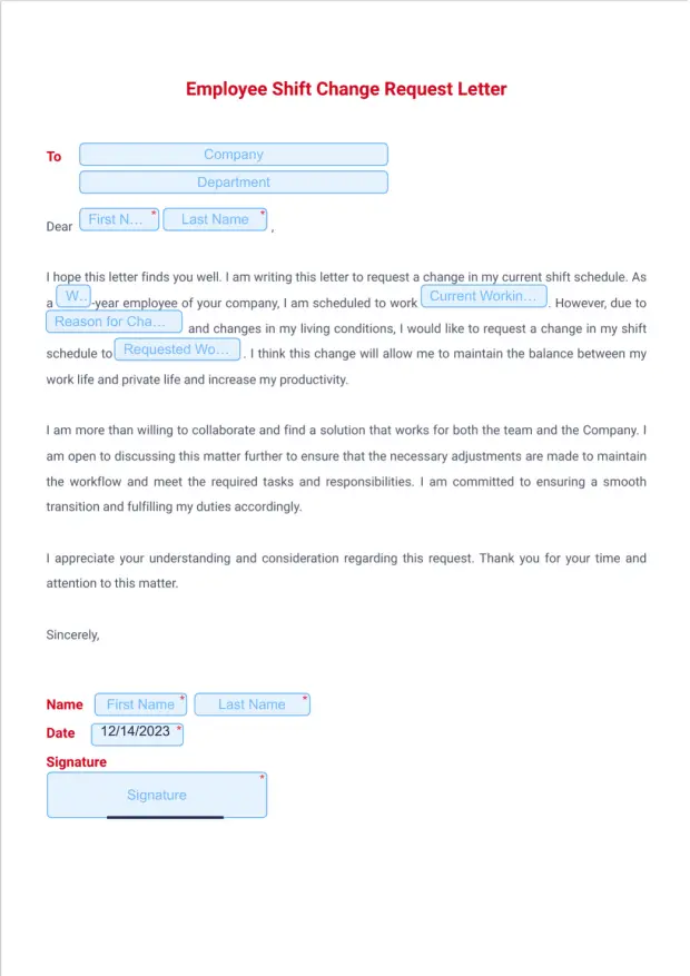 Employee Shift Change Request Letter