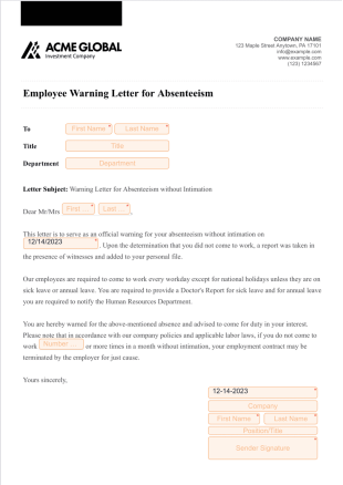 Employee Warning Letter Template for Absenteeism - PDF Templates