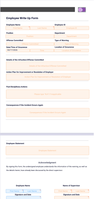 Employee Write Up Form PDF Template