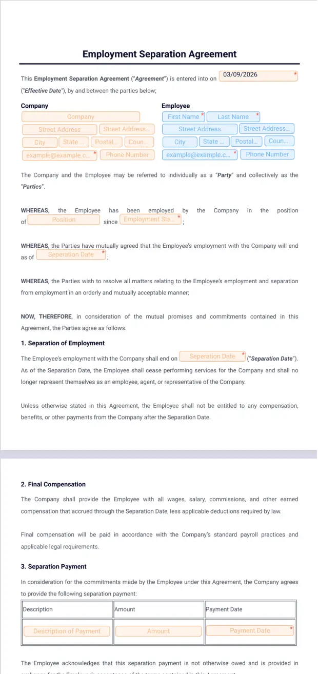 Employment Separation Agreement Template