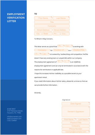 Employment Verification Letter for Apartment Rental - Sign Templates
