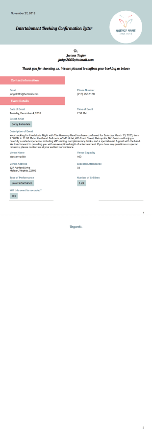 Entertainment Booking Confirmation Letter - PDF Templates