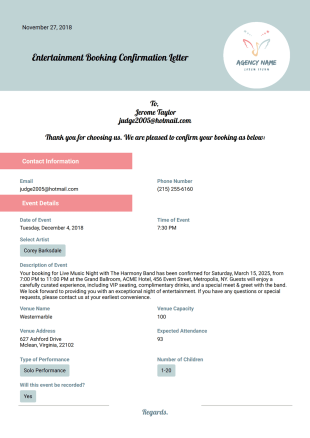 Entertainment Booking Confirmation Letter - PDF Templates