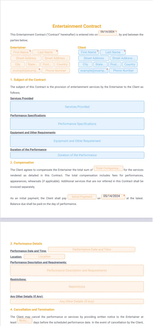 Entertainment Contract PDF Template Jotform