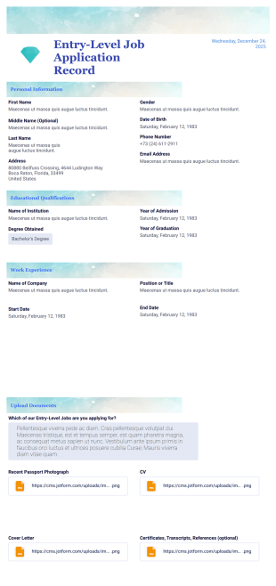 Entry-Level Job Application Record PDF Template