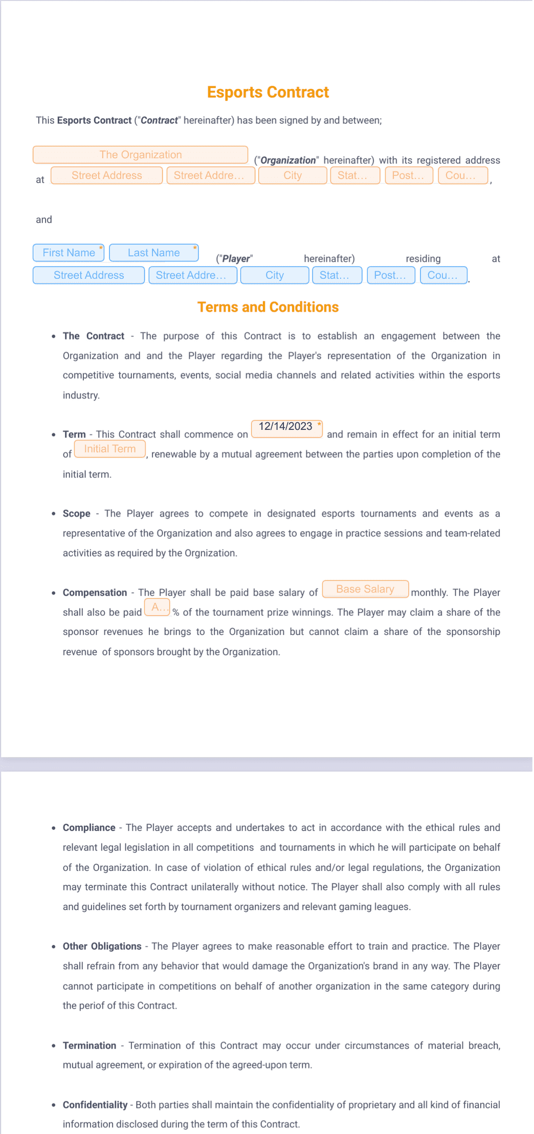 Esports Contract Template - PDF Templates | Jotform