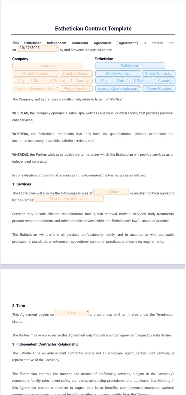 Esthetician Contract Template - PDF Templates | Jotform