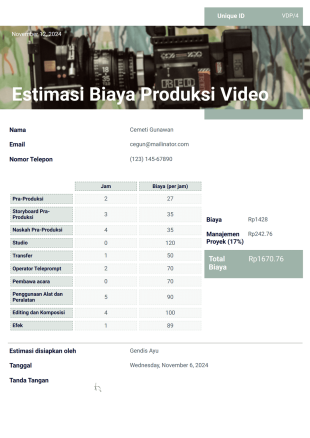 Estimasi Biaya Produksi Video - PDF Templates