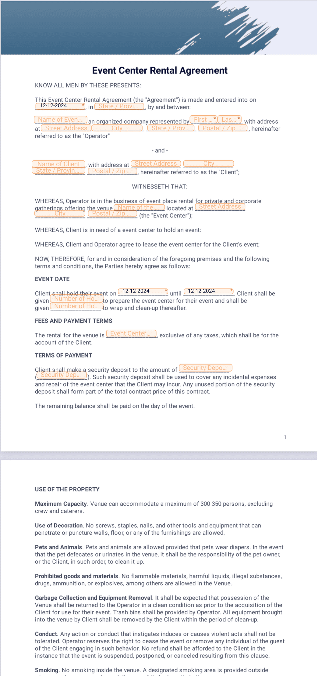 Event Center Rental Agreement PDF Template | Jotform