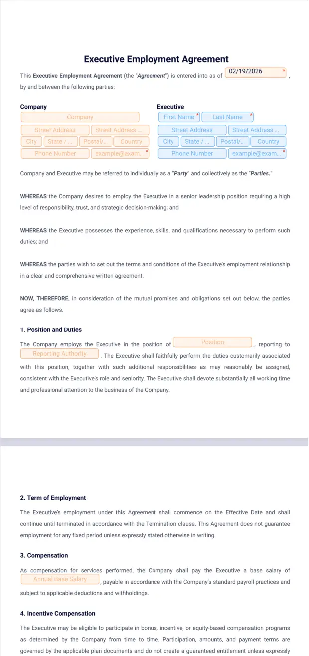 Executive Employment Agreement Template PDF Templates Jotform