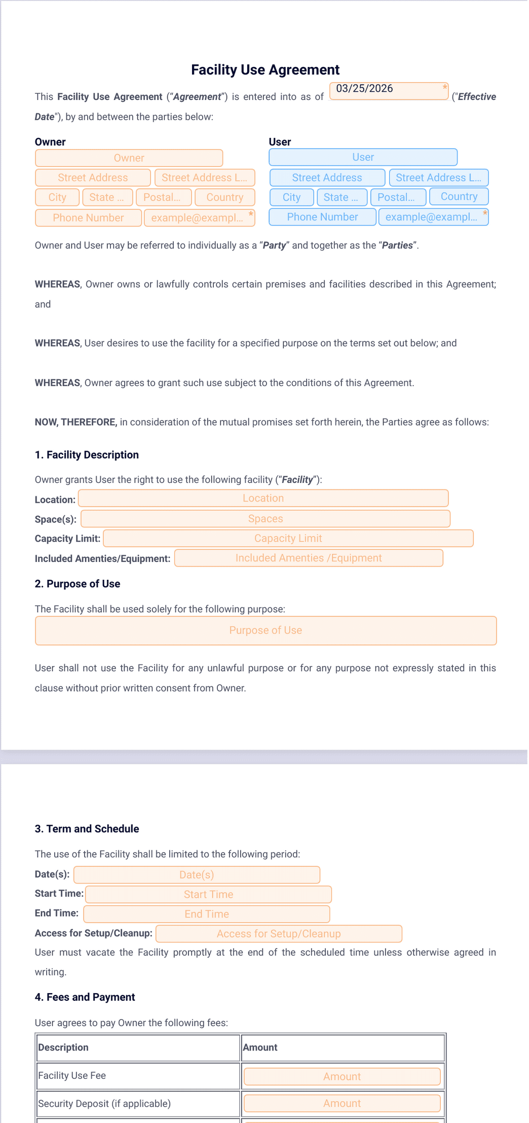 Facility Use Agreement Template - PDF Templates | Jotform