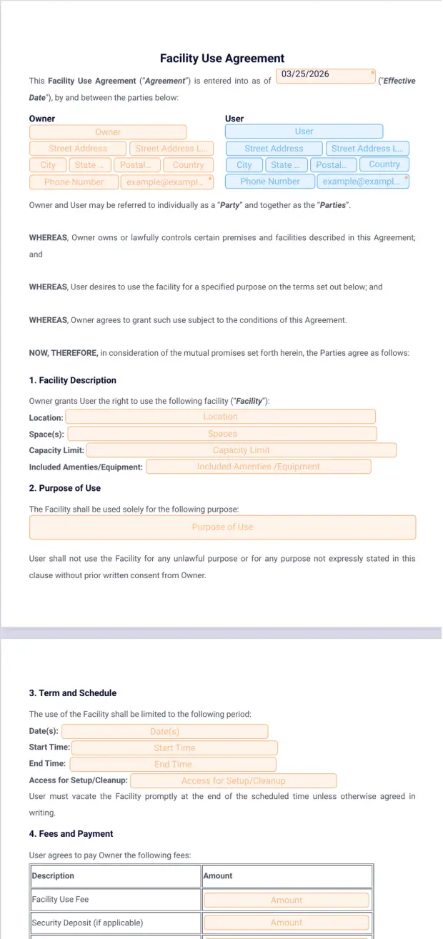 Facility Use Agreement Template PDF Templates Jotform