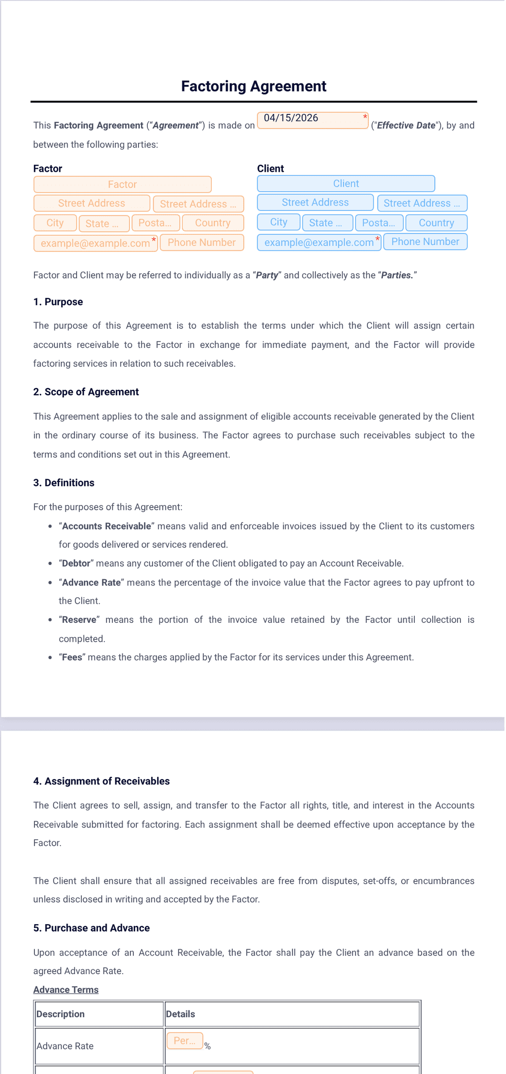 Factoring Agreement Template - PDF Templates | Jotform