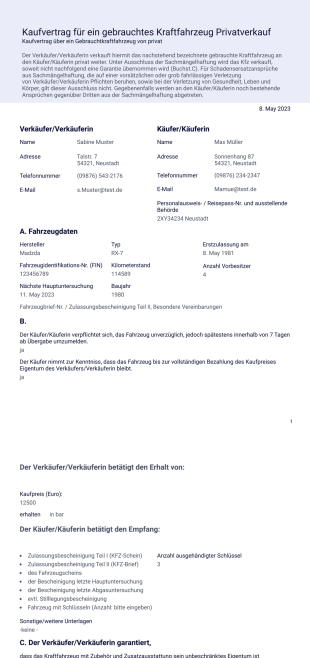 Fahrzeug Kaufvertrag PDF-Vorlage