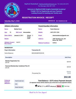 2026 BSB New Registration Invoice PDF Template