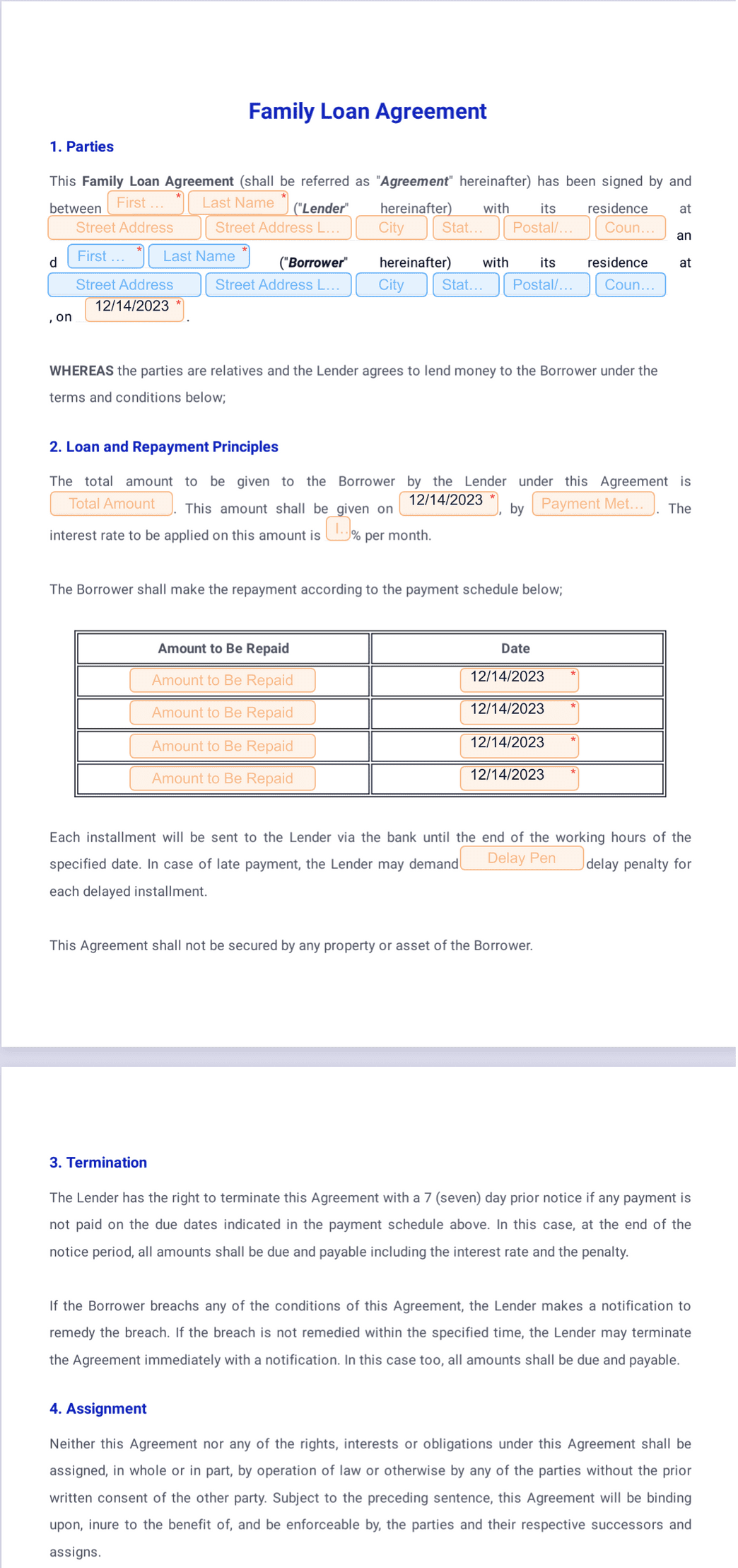family loan agreement - pdf templates | jotform