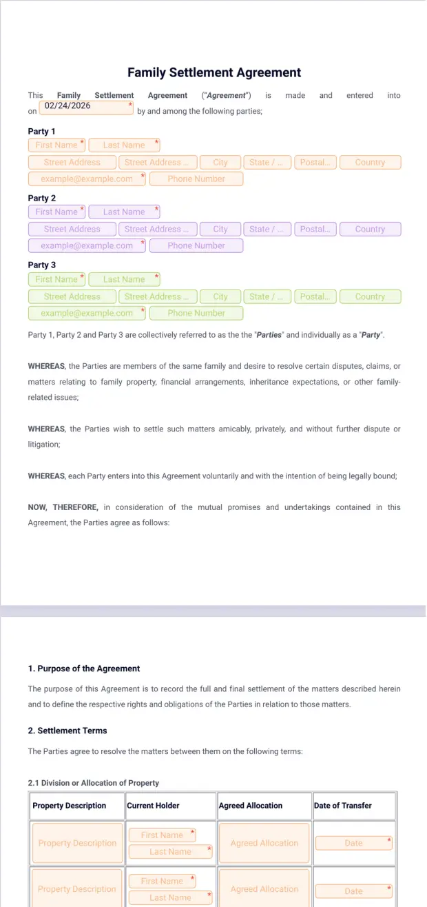 Family Settlement Agreement Template