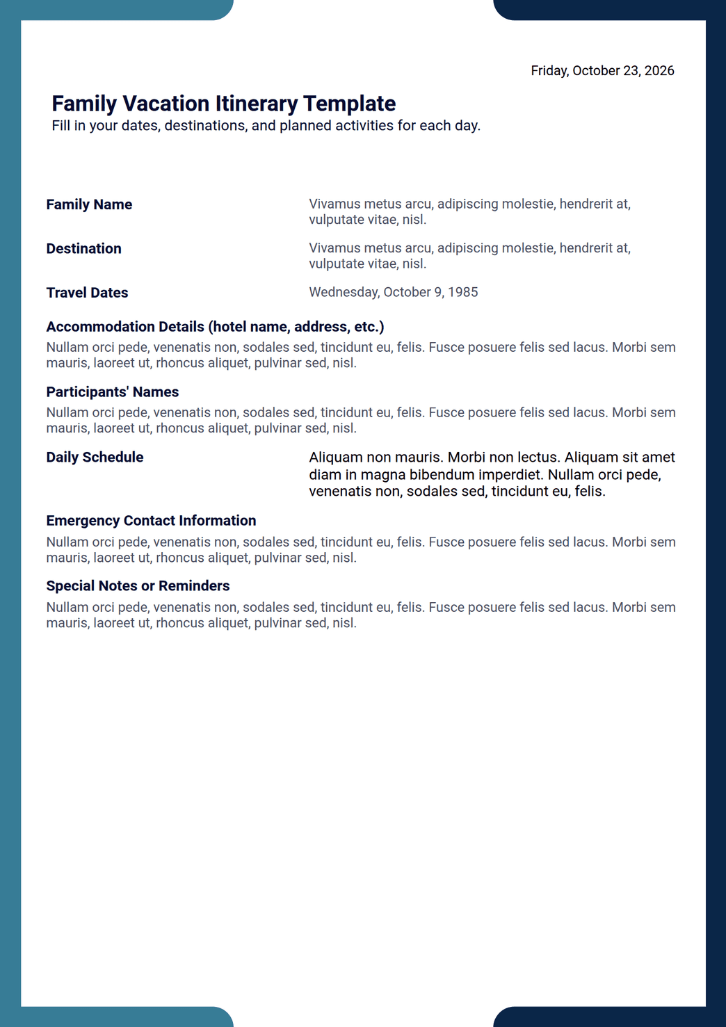 Family Vacation Itinerary Template - PDF Templates | Jotform