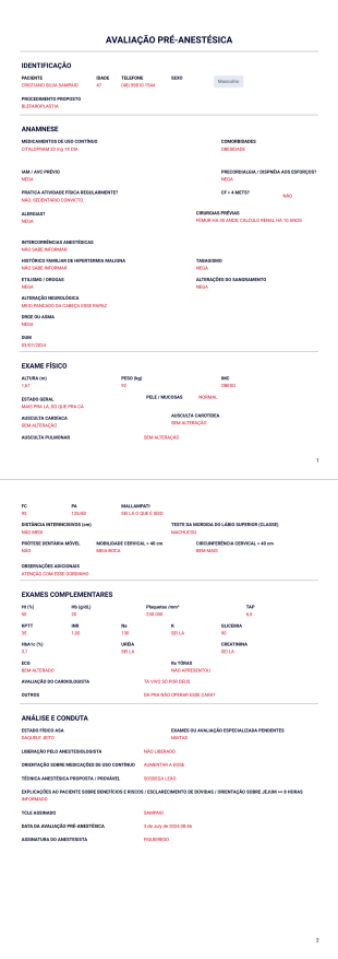Ficha Avaliação Pré-Anestésica - PDF Templates