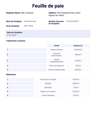 Fiche de paie à remplir Modèle PDF