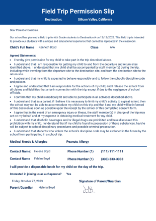 Field Trip Permission Slip Template - PDF Templates