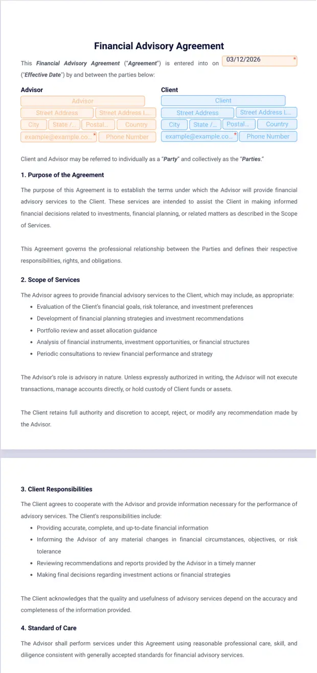 Financial Advisory Agreement Template PDF Templates Jotform