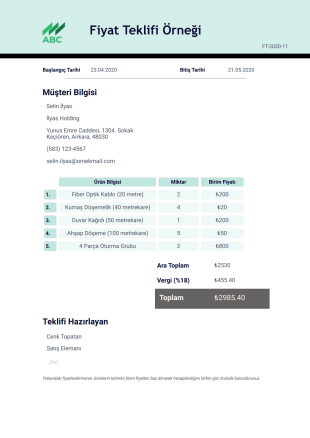 Fiyat Teklifi Örneği PDF Şablonu