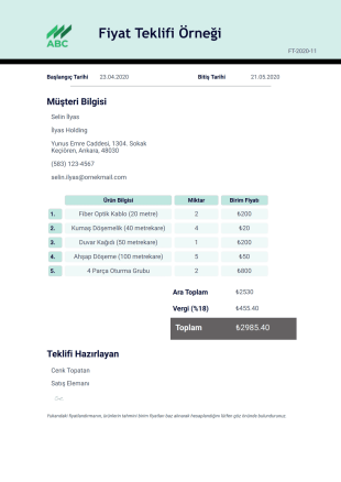 Fiyat Teklifi Örneği - PDF Templates