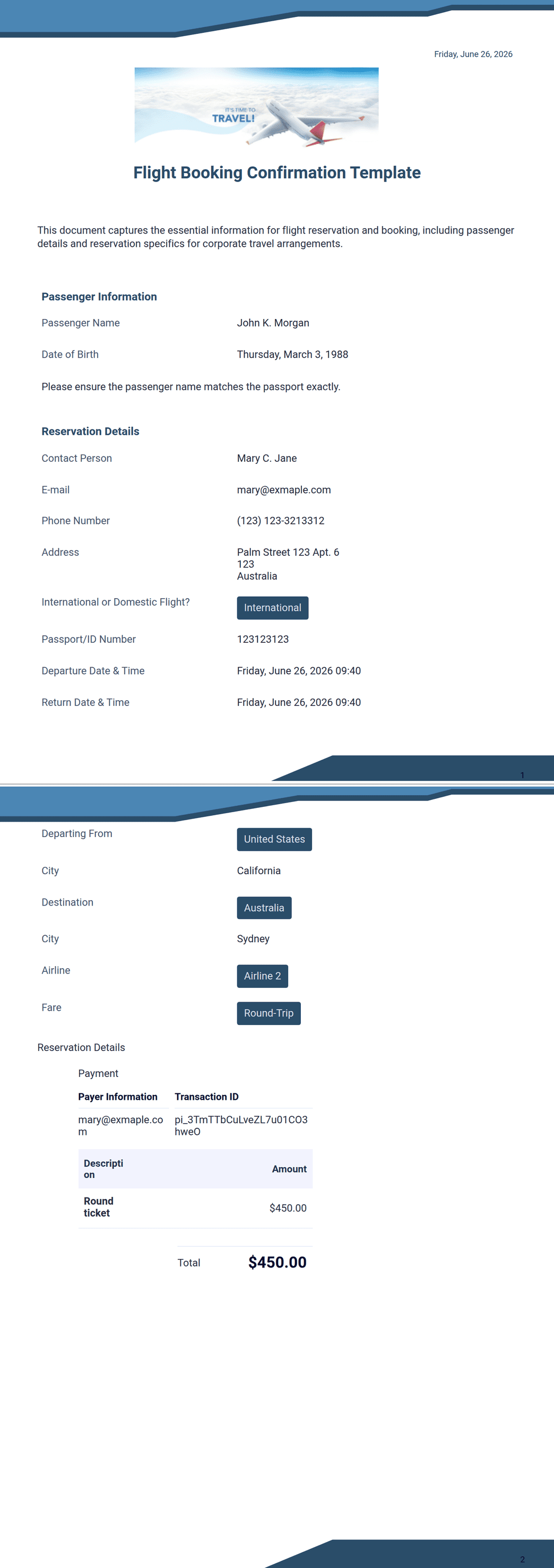 Flight Booking Confirmation Template - PDF Templates | Jotform