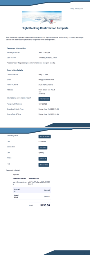 Flight Booking Confirmation Template - PDF Templates