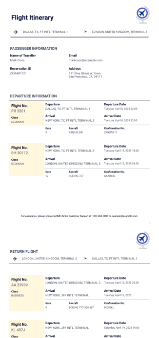 Flight Itinerary Template - PDF Templates