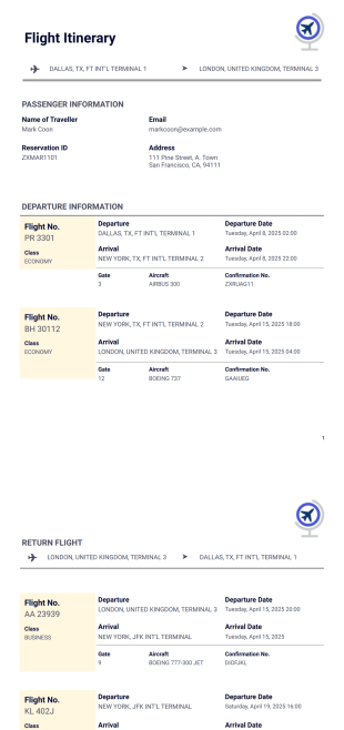 Flight Itinerary Template - PDF Templates