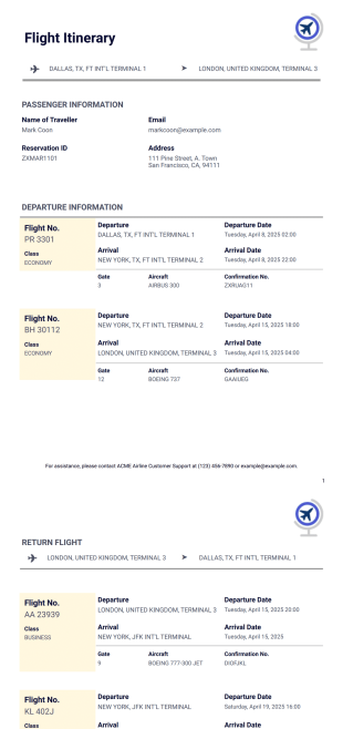Flight Itinerary Template - PDF Templates