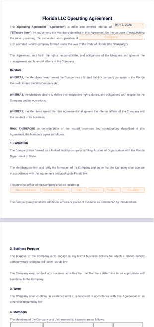 Florida LLC Operating Agreement Template - PDF Templates