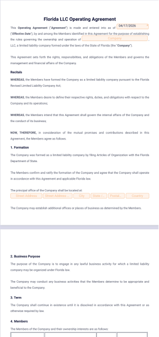 Florida LLC Operating Agreement Template - PDF Templates