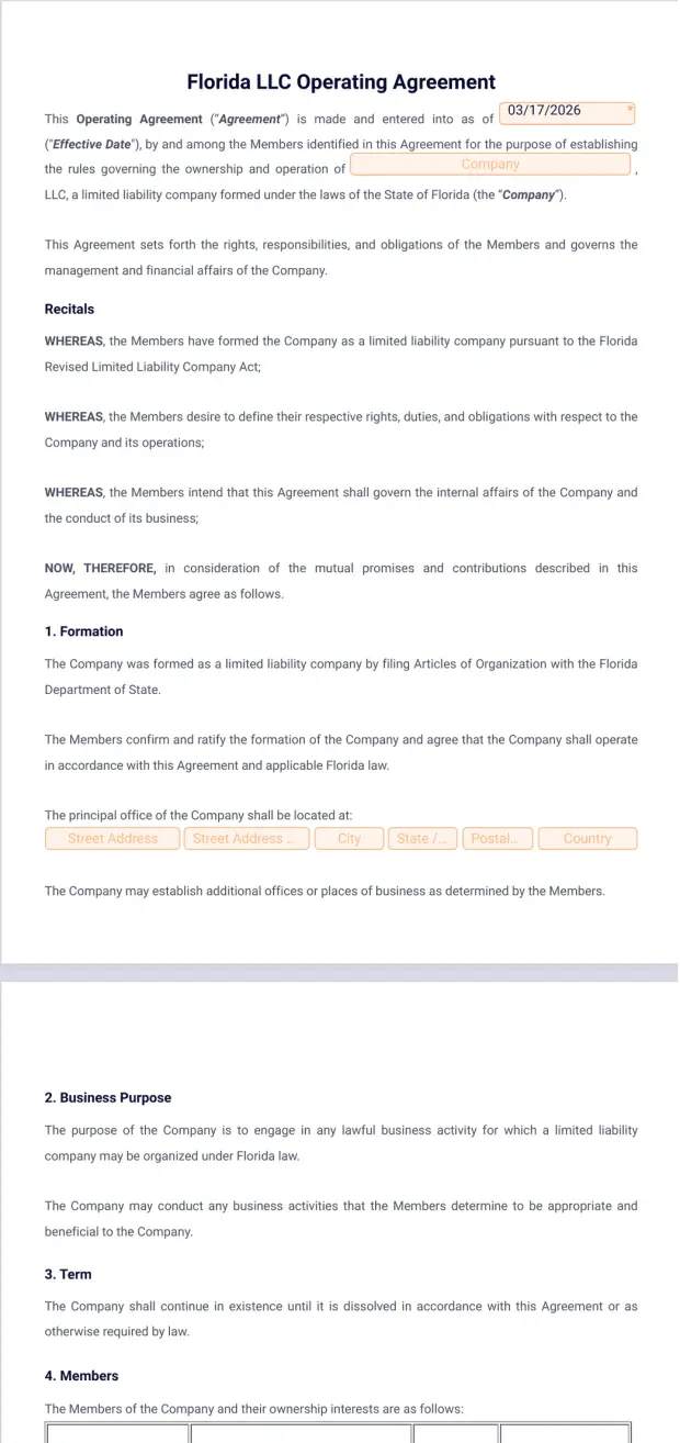 Florida LLC Operating Agreement Template